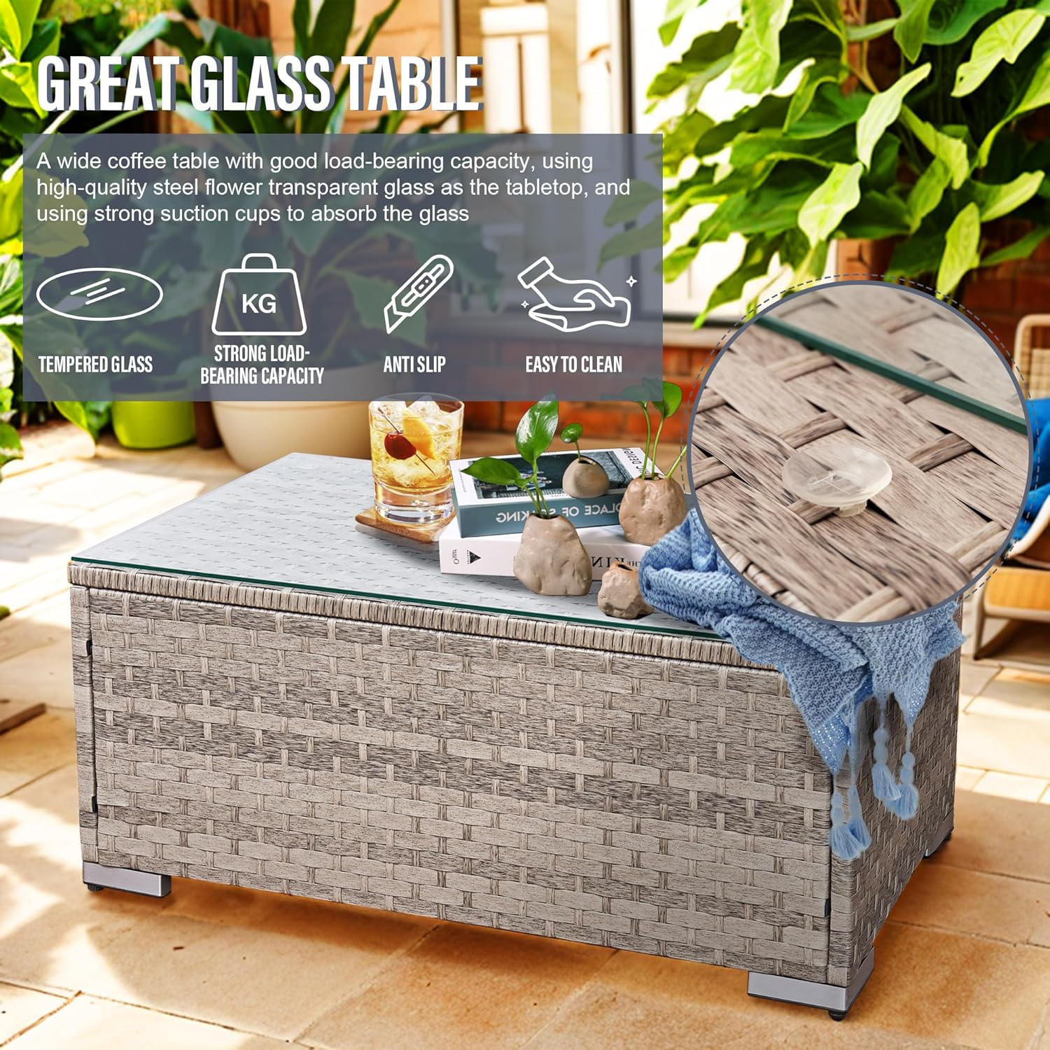 Aweather 6 Seater Rattan Corner Sofa Set Rattan Garden Furniture Set with Modern Glass Coffee Table and Washable Cushions (Cream)
