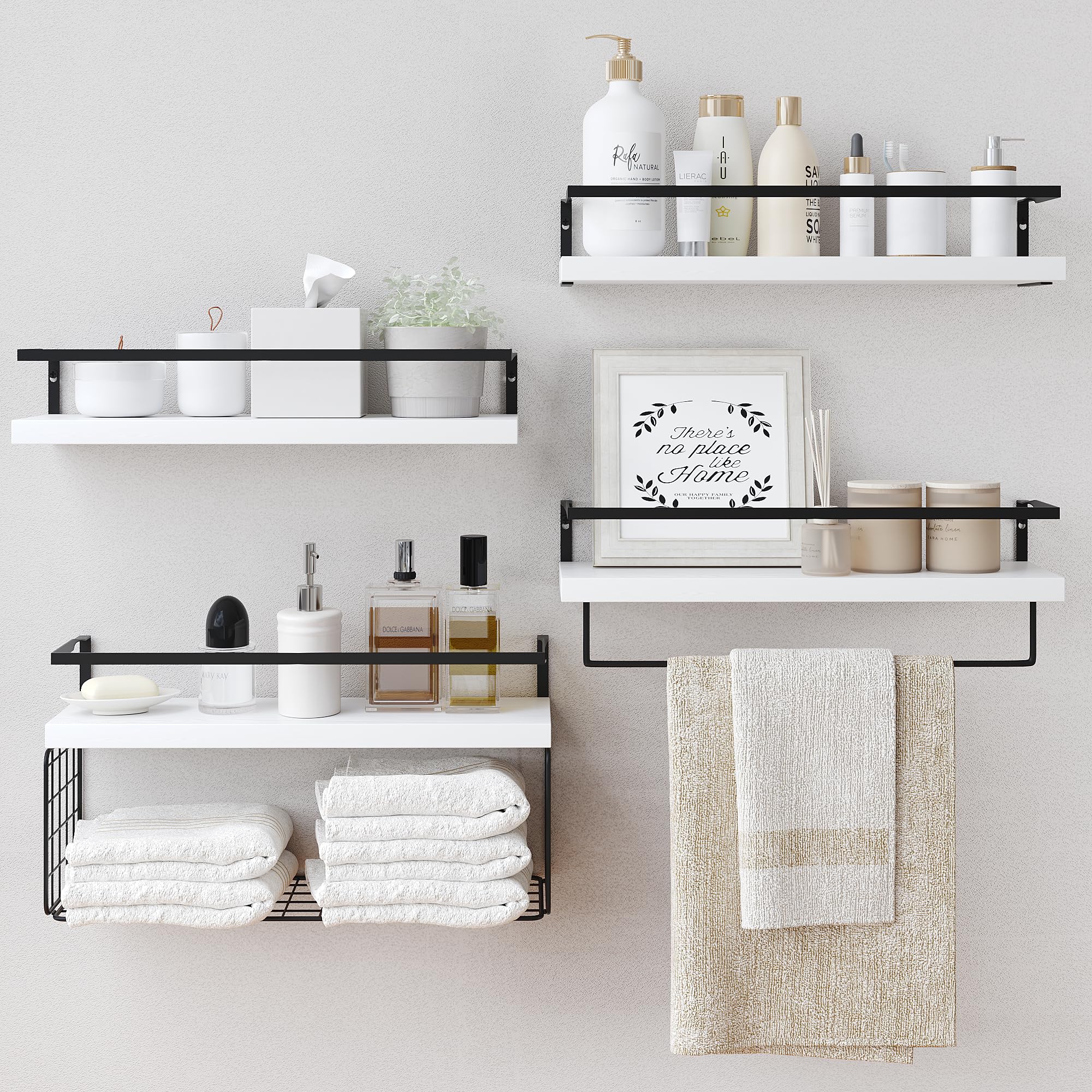 Wood Floating Shelves Wall Mounted - 4+1 Tier Rustic Bathroom Wall Shelves Over Toilet with Wire Storage Basket and Towel Bar, Set of 4 Farmhouse Floating Shelf for Bathroom, Kitchen, Bedroom.