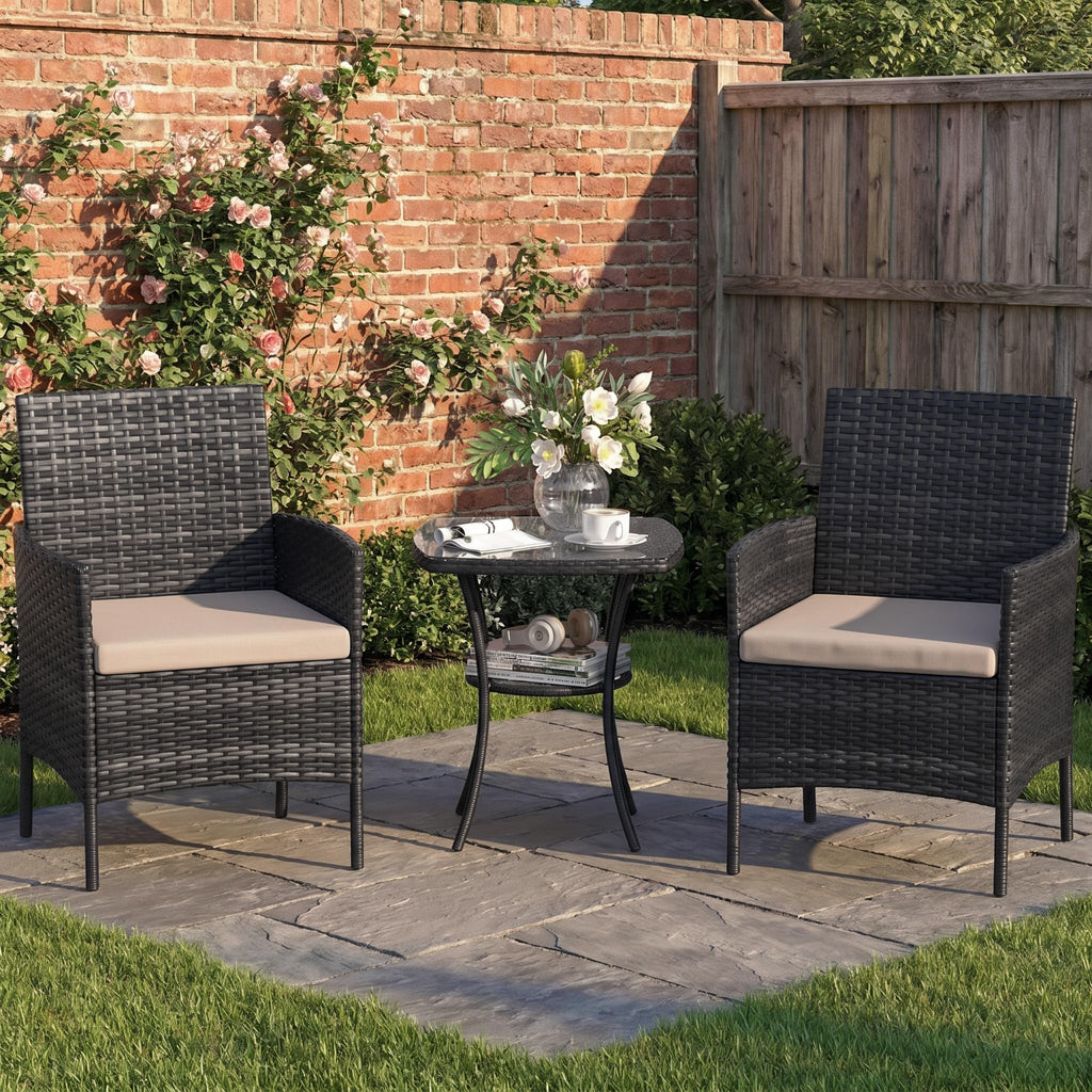 Amopatio 3 Pcs Rattan Garden Furniture Sets, Outdoor Bistro Set with Table and Chairs, Washable Cushions for Balcony, Patio, Backyard, Grey