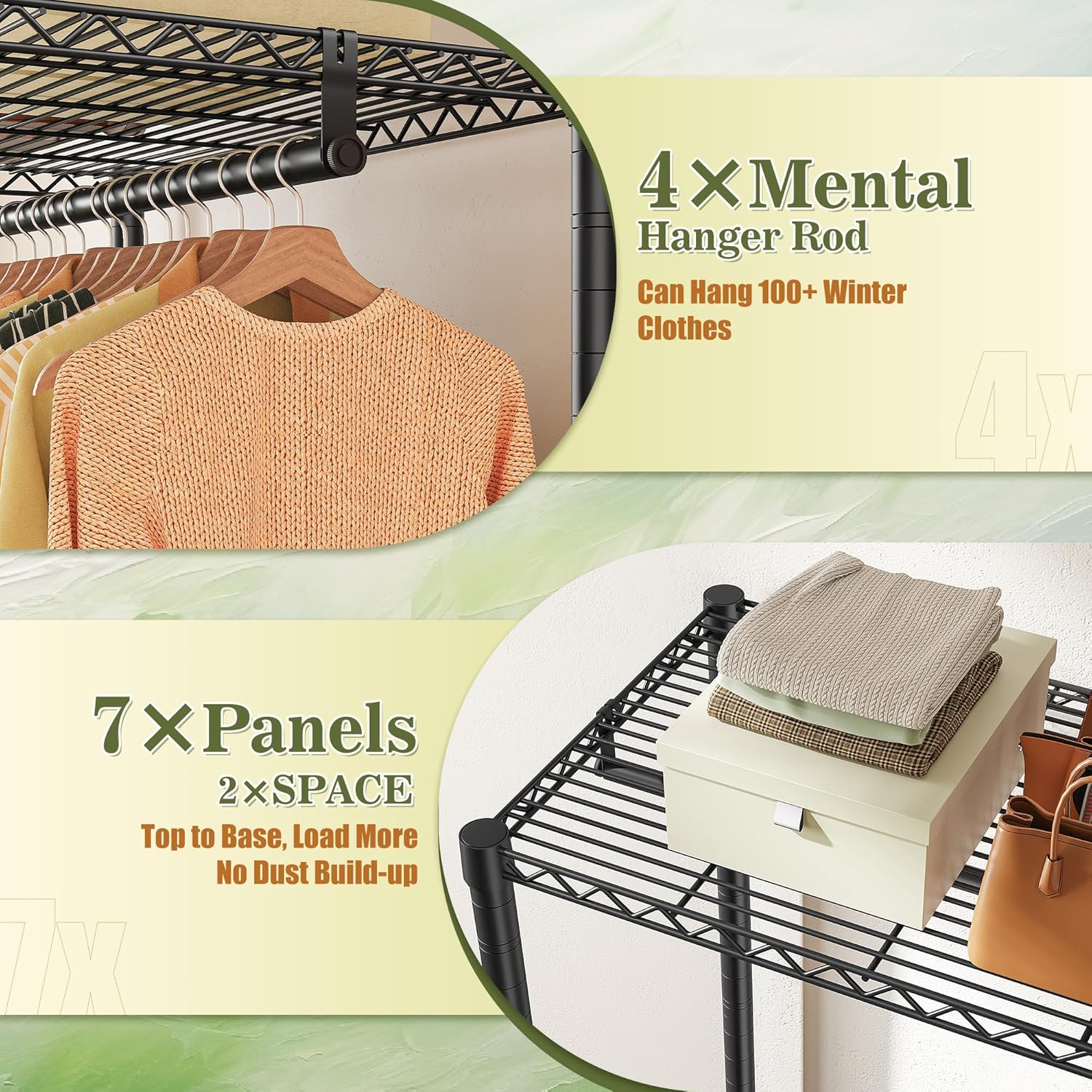 REIBII 380kg Strong Heavy Duty Clothes Rail, 194Hx175Wx40Dcm Freestanding Clothes Rail with 7 Sheves and 4 Adjustable Hanging Rods, Split-Type Design, 2-Mode Steel Clothes Rail for Bedroom Black