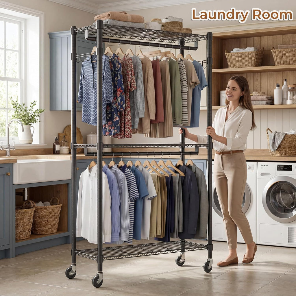 Himimi Double Rod Garment Rack/Clothes Rail with Height-Adjustable Shelves, Heavy Duty Clothes Rack with 2 Hooks, Clothes Rails with Wheels, 90 * 42 * 205cm, Black