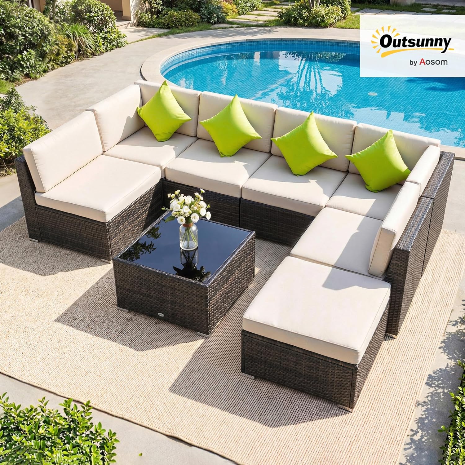Outsunny 8 Pieces PE Rattan Corner Sofa Set, Outdoor Garden Furniture Set, Patio Wicker Sofa Seater w/Cushion, Washable Cushion Cover & Tempered Glass Table, Brown