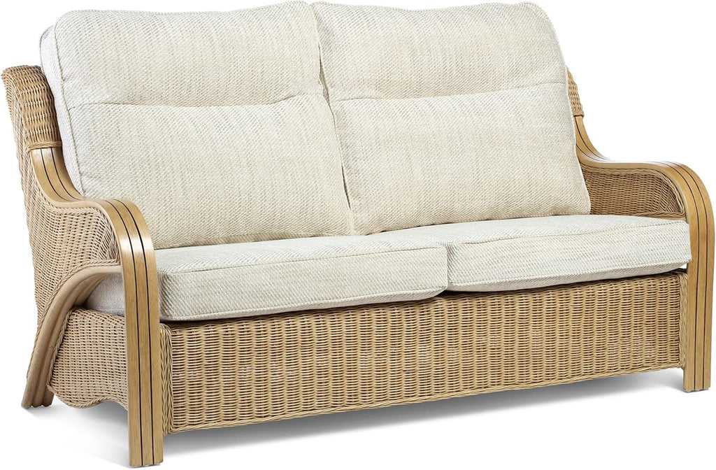 Desser Opera Light Oak Rattan Conservatory Sofa – Cane 2 Seater Sofa with Jasper Fabric Cushions – Indoor Real Wicker Settee with UK Made Cushions - H105cm x W126cm x D96cm