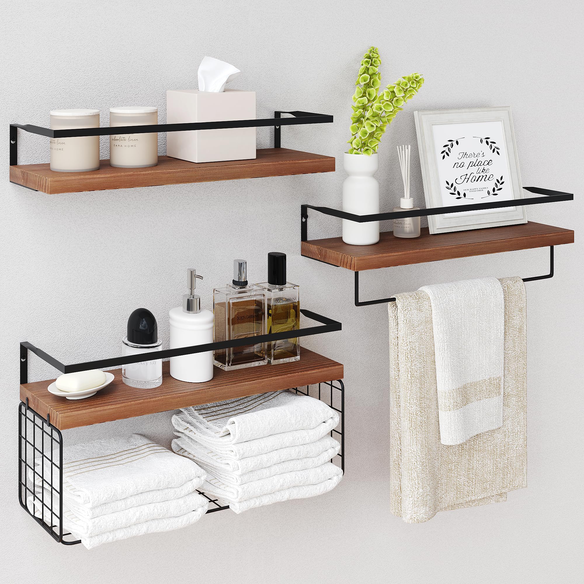 Wood Floating Shelves Wall Mounted - 4+1 Tier Rustic Bathroom Wall Shelves Over Toilet with Wire Storage Basket and Towel Bar, Set of 4 Farmhouse Floating Shelf for Bathroom, Kitchen, Bedroom.
