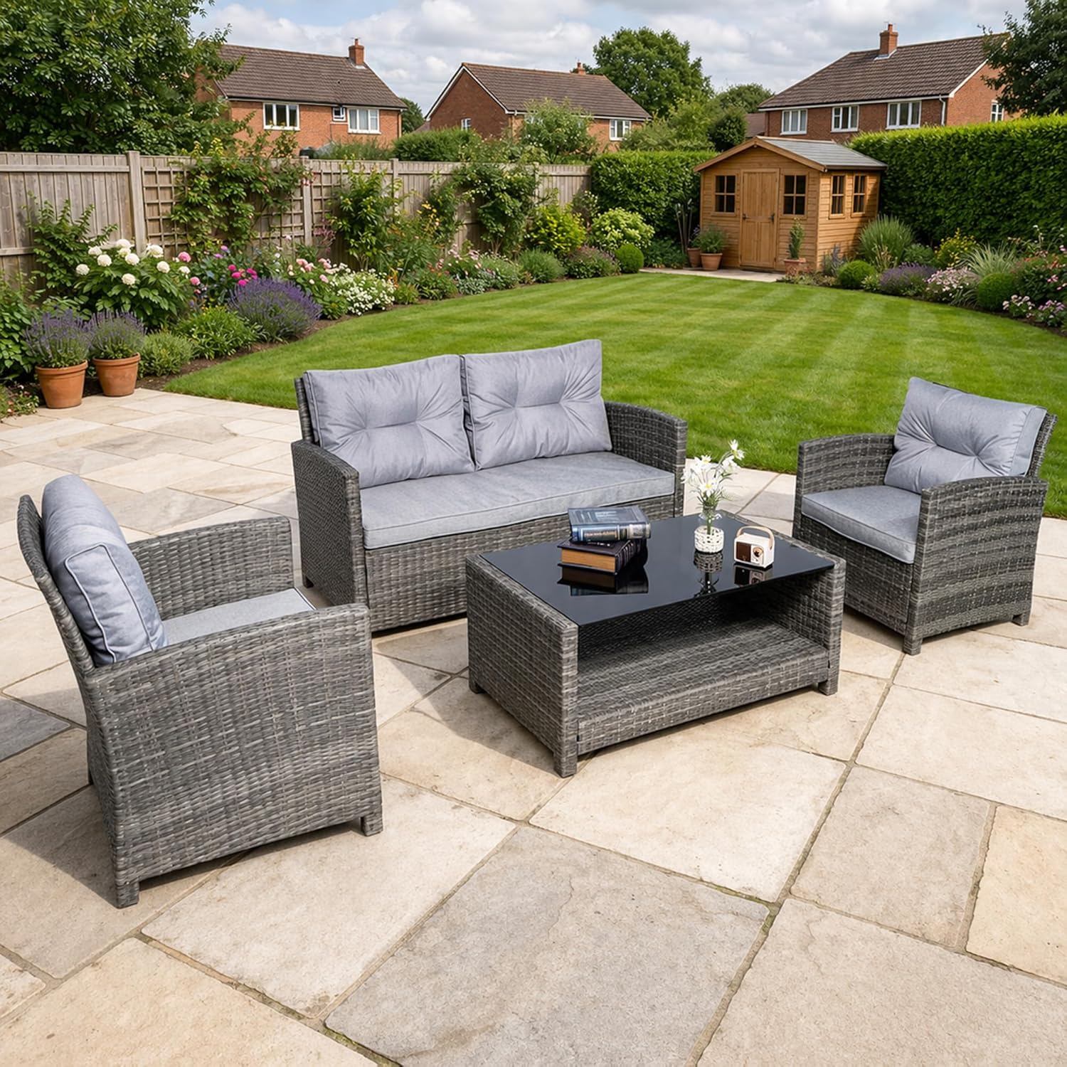 Vinci Rattan Garden Sofa Set Table & Armchairs – Outdoor Patio Furniture
