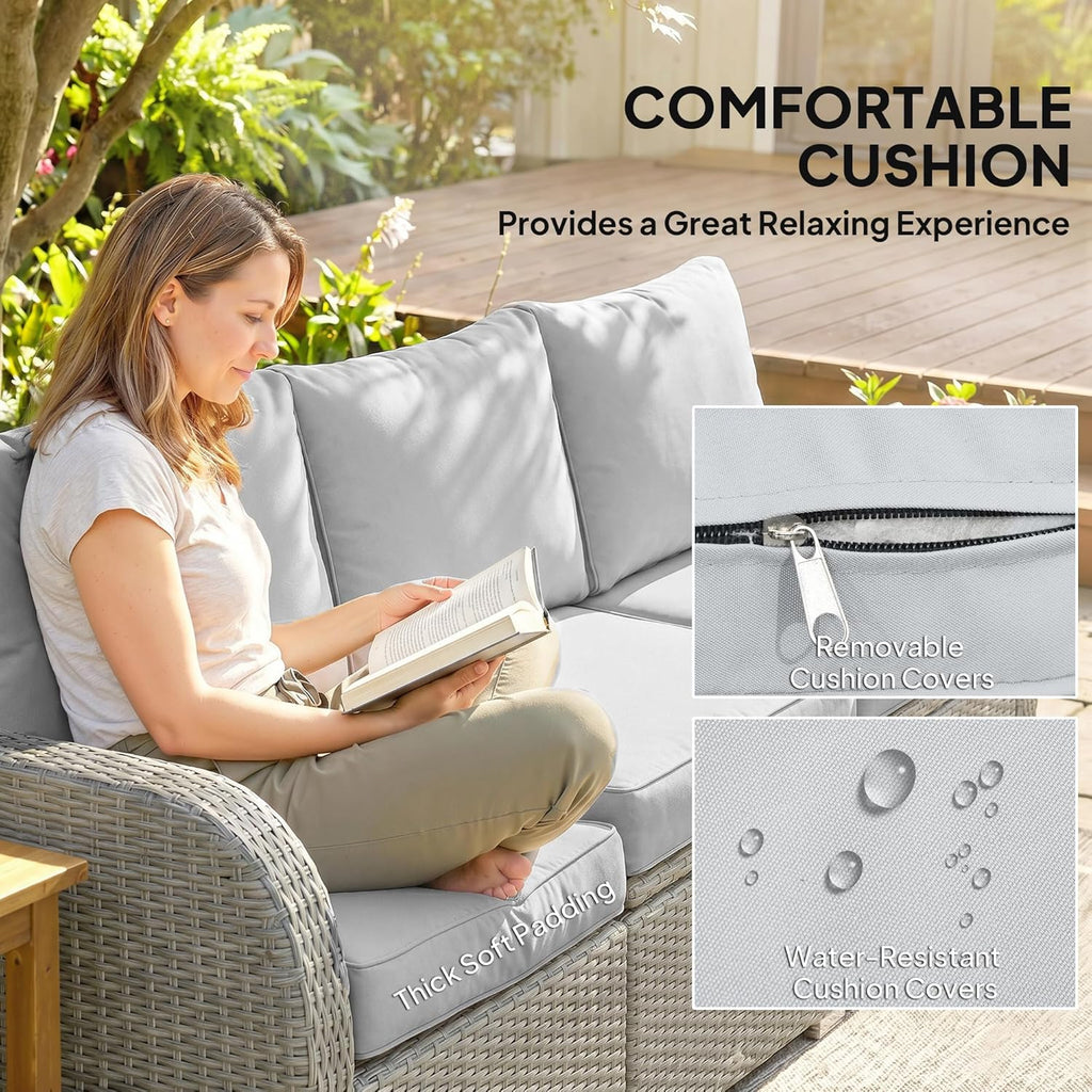 Outsunny 7 Seater Rattan Garden Furniture Set, 2 Reclining Chairs, 3 Seater Sofa, Coffee Table, Footstools, Space-Saving 6 Piece Outdoor Patio Furniture Conversation Set with Cushions, Light Grey