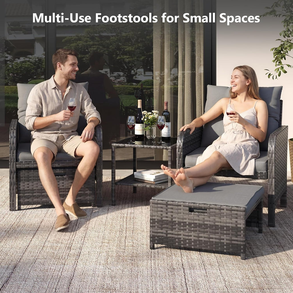 5-Piece Grey PE Rattan Patio Set with Ottomans, Coffee Table & Thick Cushions for Garden Balcony