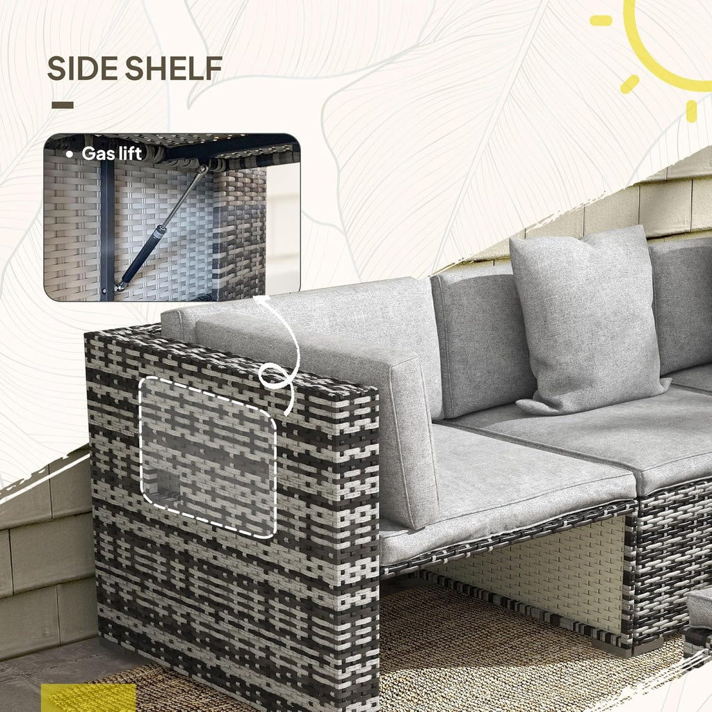 Outsunny 7 Pieces PE Rattan Garden Sofa Set Patio Furniture Set with Glass Table, Stools, Cushions, Pillows, for Outdoor Balcony, Mixed Grey