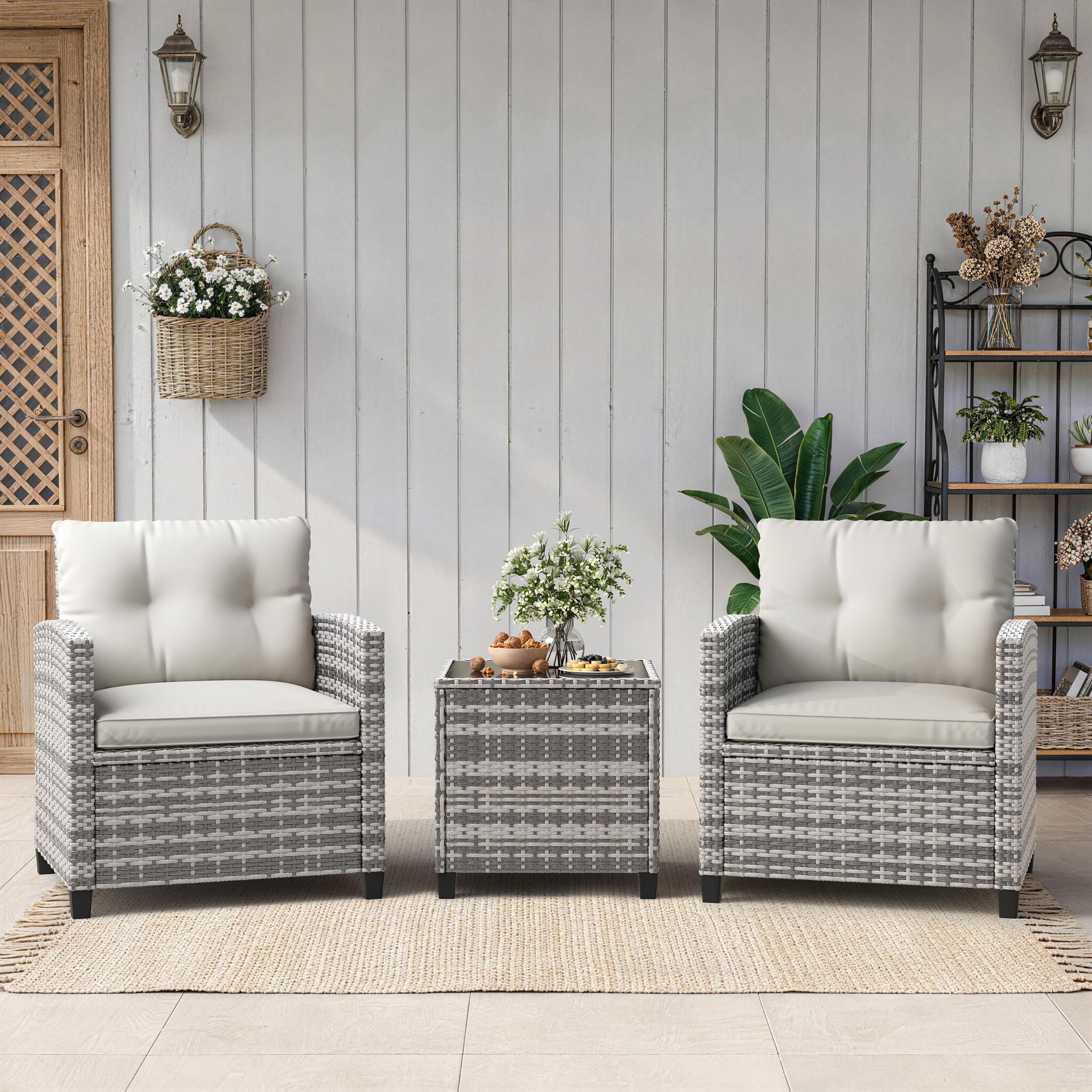 Garvee 3 Pieces Rattan Bistro Set, Wicker Garden Furniture Set with Coffee Table and 2 Chairs, Washable Cushions, Water Resistant, Outdoor Table & Chair Set for Outdoor Backyard, Patio, Balcony, Grey