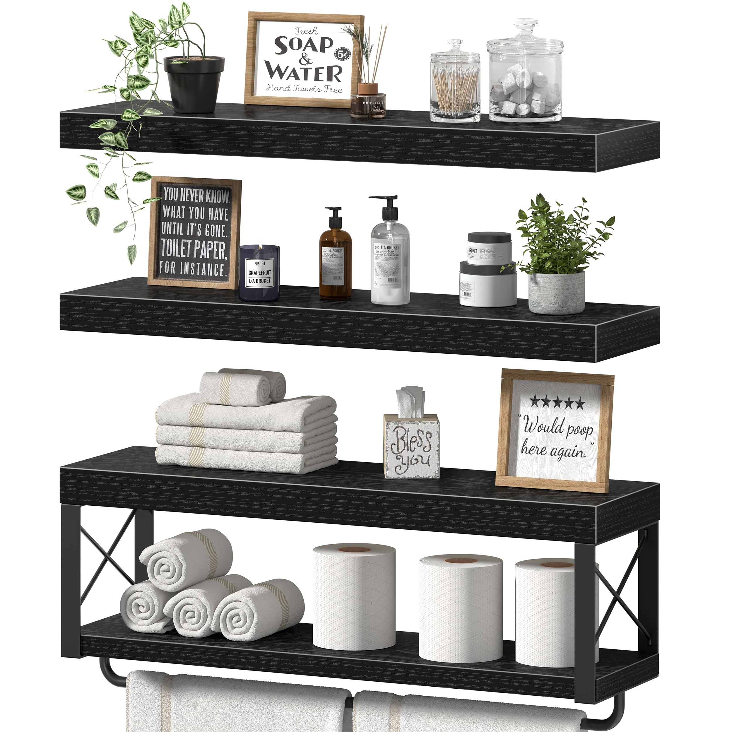 QEEIG Bathroom Shelves Over Toilet - Floating Shelf for Wall Toilet Paper Storage Farmhouse 16 inch Set of 3, Rustic Brown (029-40BN3)