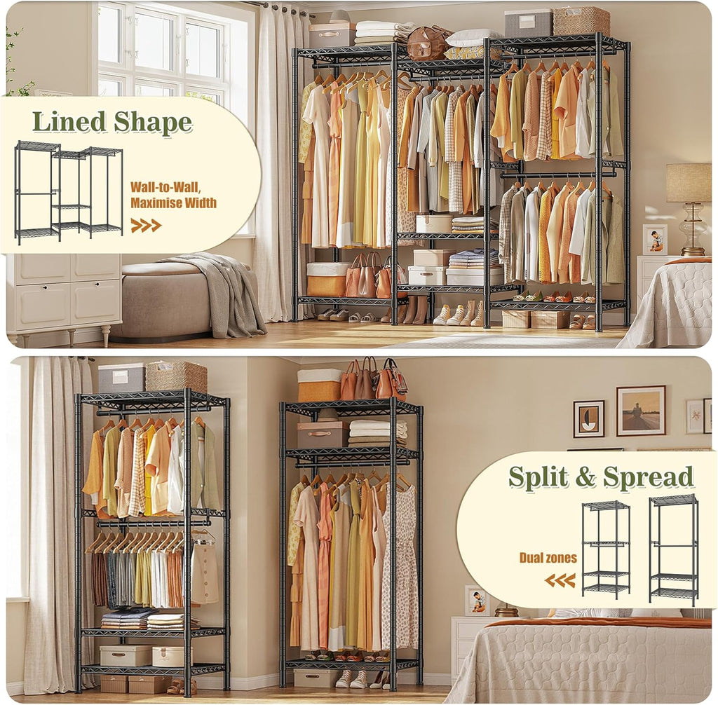 REIBII 380kg Strong Heavy Duty Clothes Rail, 194Hx175Wx40Dcm Freestanding Clothes Rail with 7 Sheves and 4 Adjustable Hanging Rods, Split-Type Design, 2-Mode Steel Clothes Rail for Bedroom Black