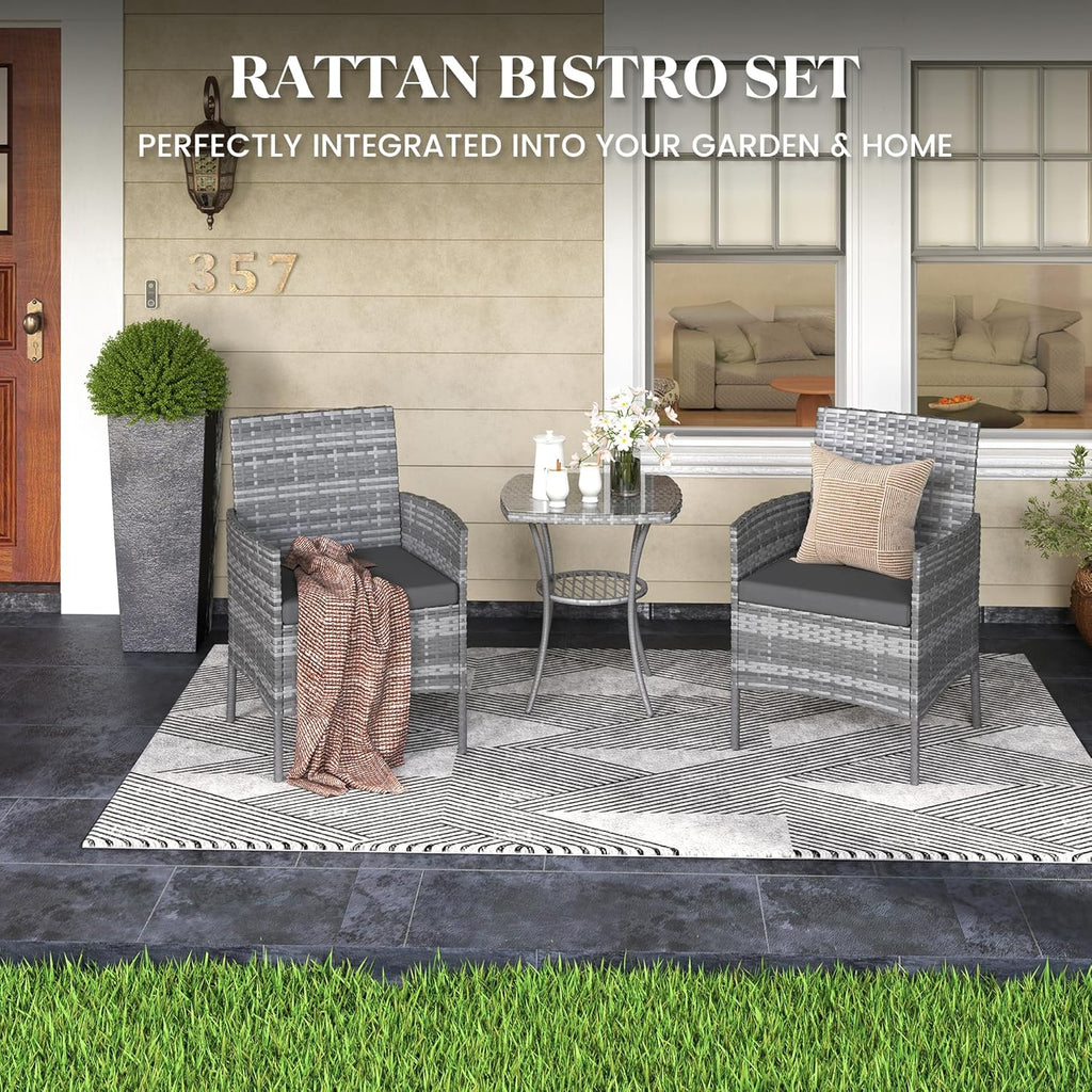Amopatio 3 Pcs Rattan Garden Furniture Sets, Outdoor Bistro Set with Table and Chairs, Washable Cushions for Balcony, Patio, Backyard, Grey