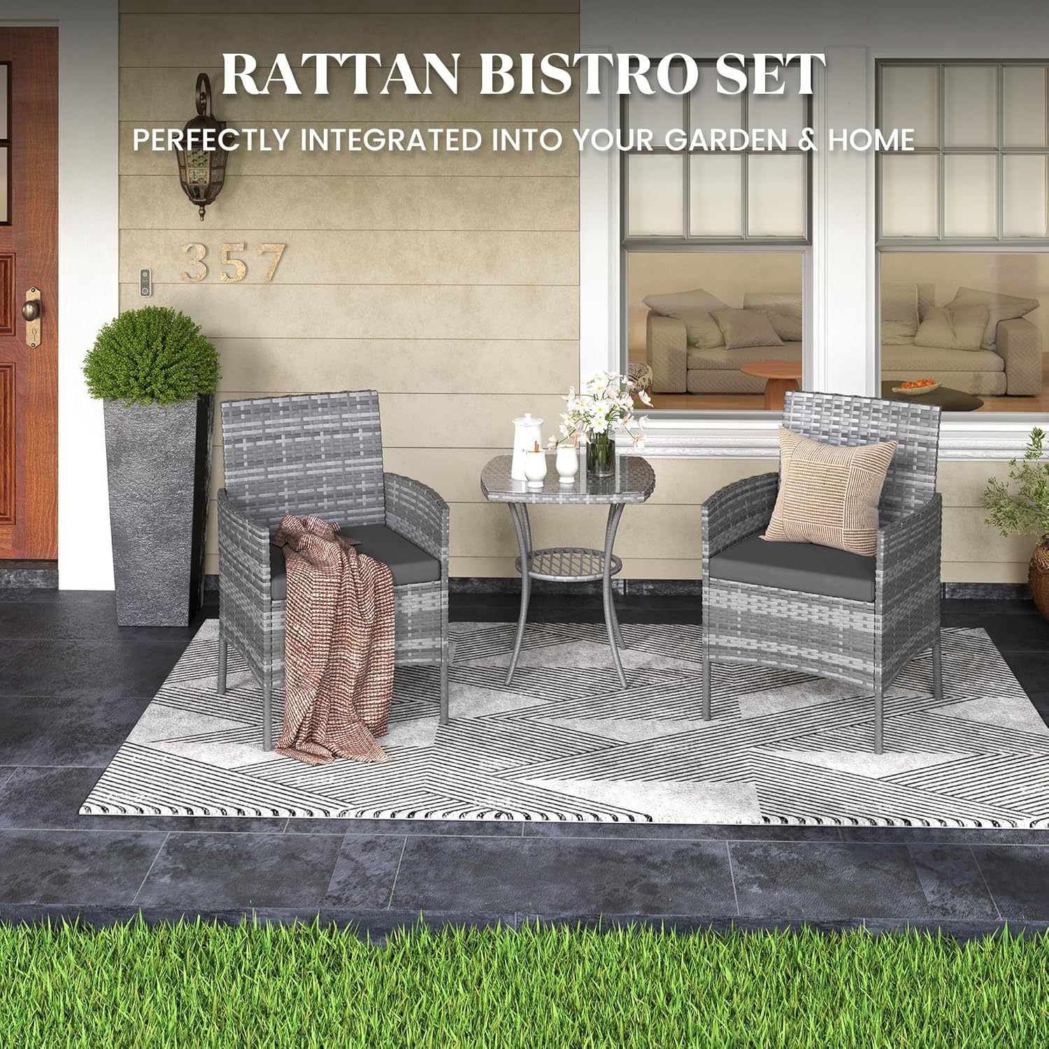 Amopatio 3 Pcs Rattan Garden Furniture Sets, Outdoor Bistro Set with Table and Chairs, Washable Cushions for Balcony, Patio, Backyard, Grey