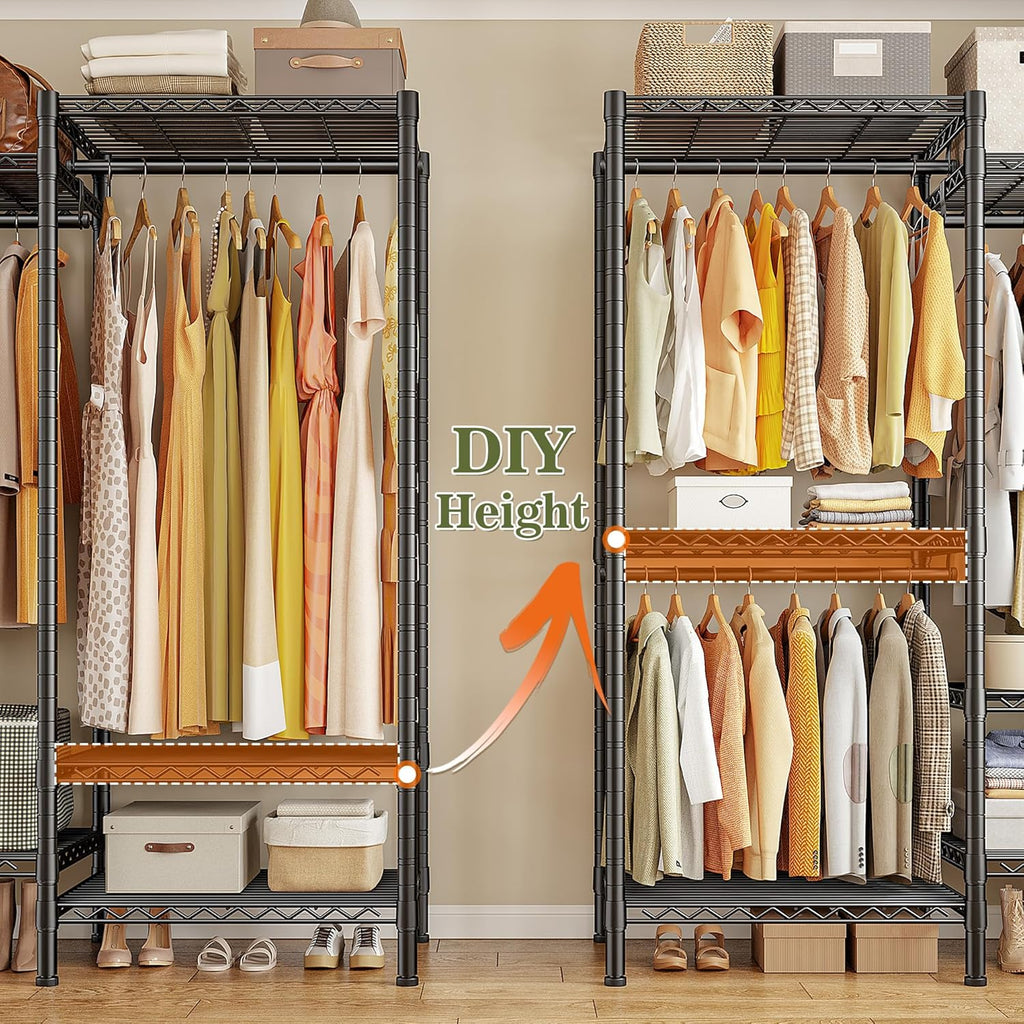 REIBII 380kg Strong Heavy Duty Clothes Rail, 194Hx175Wx40Dcm Freestanding Clothes Rail with 7 Sheves and 4 Adjustable Hanging Rods, Split-Type Design, 2-Mode Steel Clothes Rail for Bedroom Black