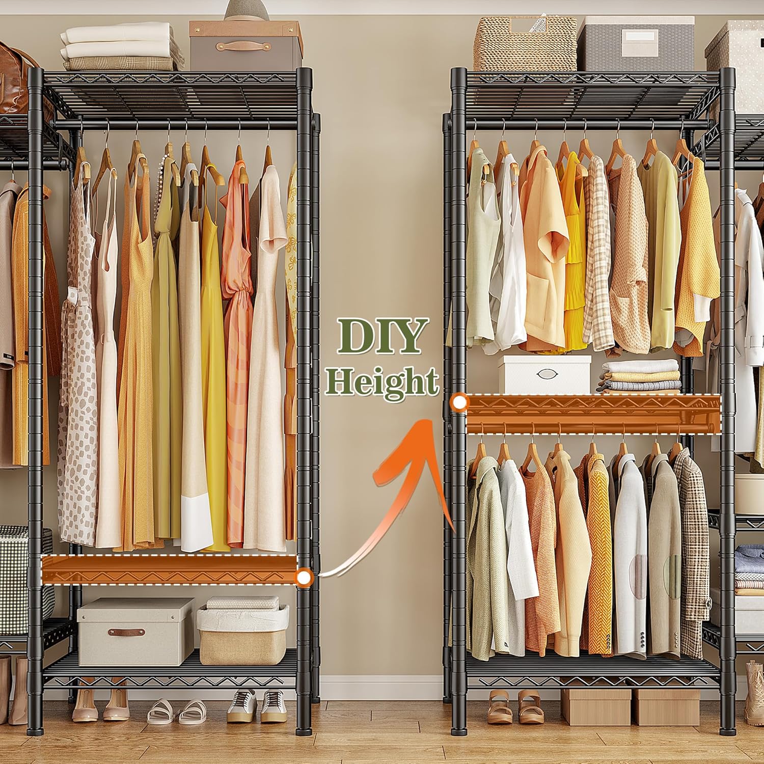 REIBII 380kg Strong Heavy Duty Clothes Rail, 194Hx175Wx40Dcm Freestanding Clothes Rail with 7 Sheves and 4 Adjustable Hanging Rods, Split-Type Design, 2-Mode Steel Clothes Rail for Bedroom Black