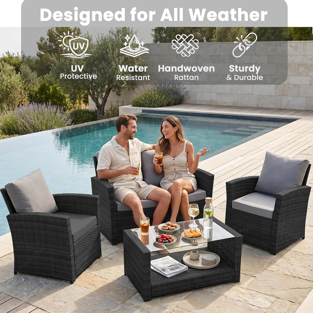 EVRE 4 Seater Rattan Garden Conservatory Patio Furniture Sofa Armchair Roma Set with Glass Top Coffee Table Wicker Weave Sofa and Cushions (Black)