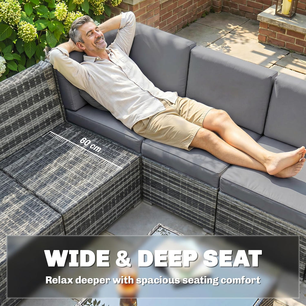 Outsunny 8 Pieces PE Rattan Corner Sofa Set, Outdoor Garden Furniture Set, Patio Wicker Sofa Seater w/Cushion, Washable Cushion Cover & Tempered Glass Table, Grey