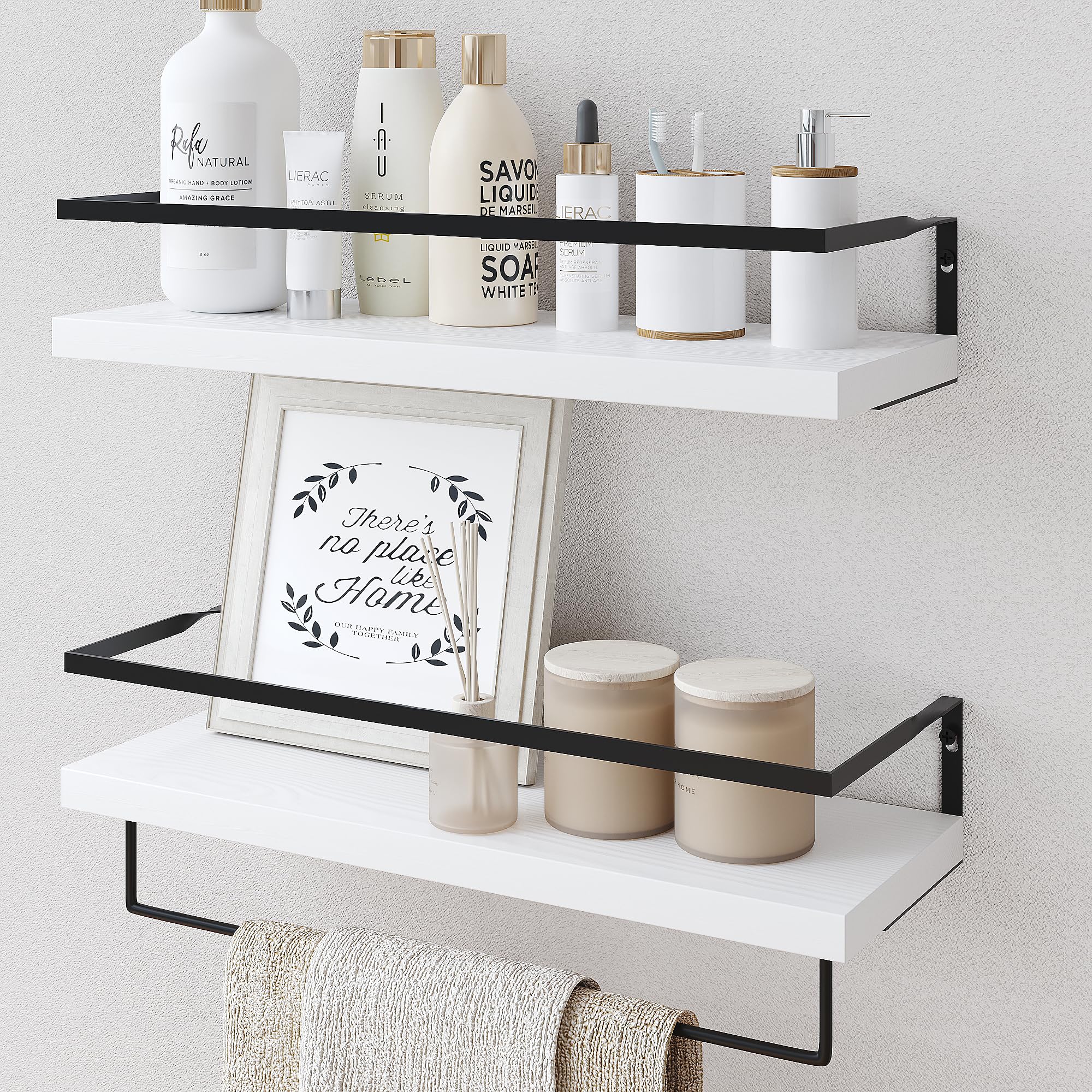 Wood Floating Shelves Wall Mounted - 4+1 Tier Rustic Bathroom Wall Shelves Over Toilet with Wire Storage Basket and Towel Bar, Set of 4 Farmhouse Floating Shelf for Bathroom, Kitchen, Bedroom.