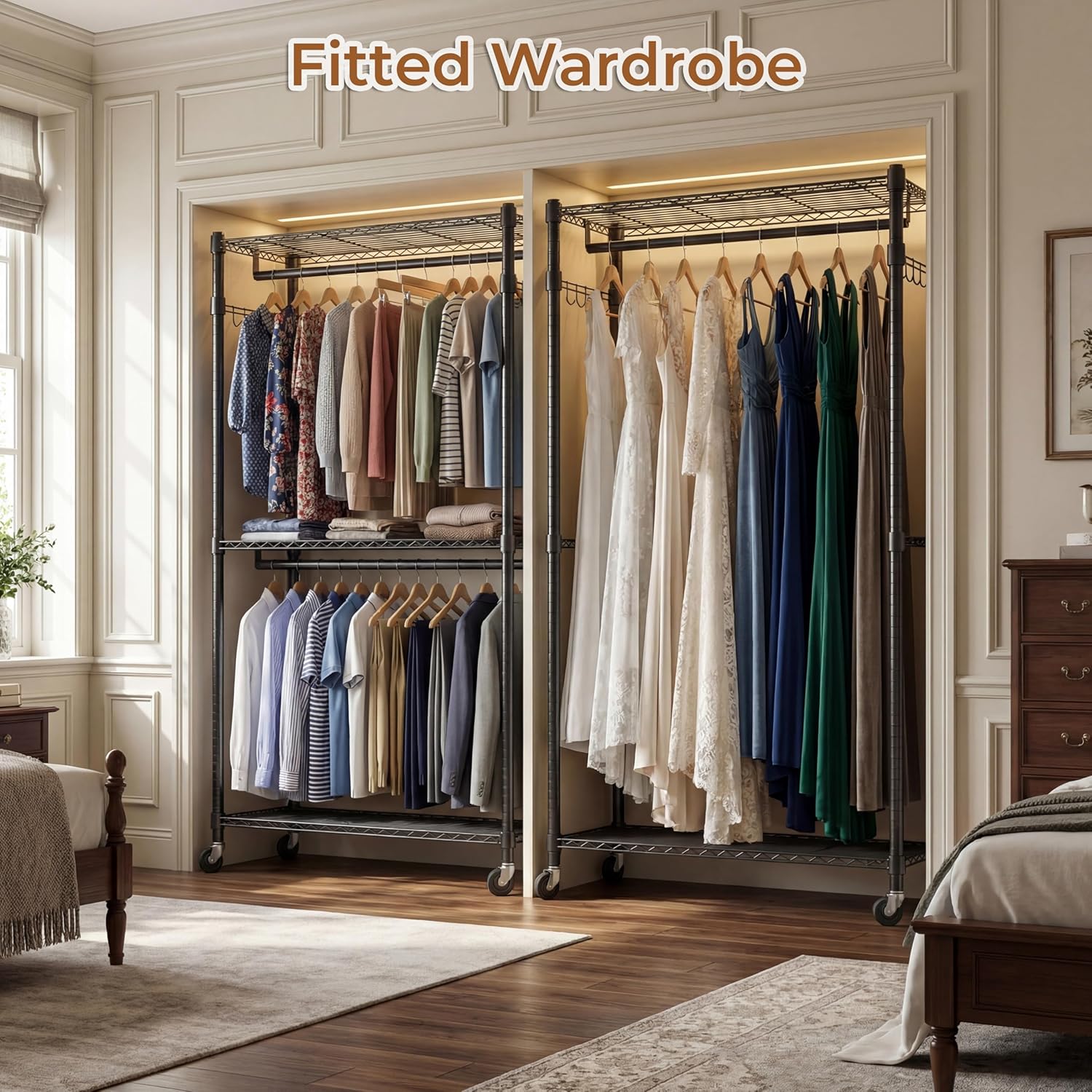 Himimi Double Rod Garment Rack/Clothes Rail with Height-Adjustable Shelves, Heavy Duty Clothes Rack with 2 Hooks, Clothes Rails with Wheels, 90 * 42 * 205cm, Black