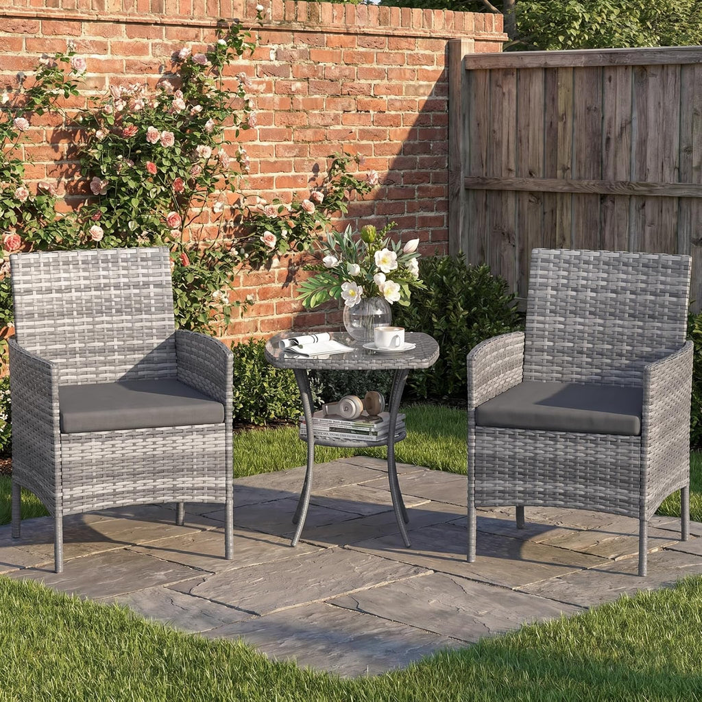 Amopatio 3 Pcs Rattan Garden Furniture Sets, Outdoor Bistro Set with Table and Chairs, Washable Cushions for Balcony, Patio, Backyard, Grey