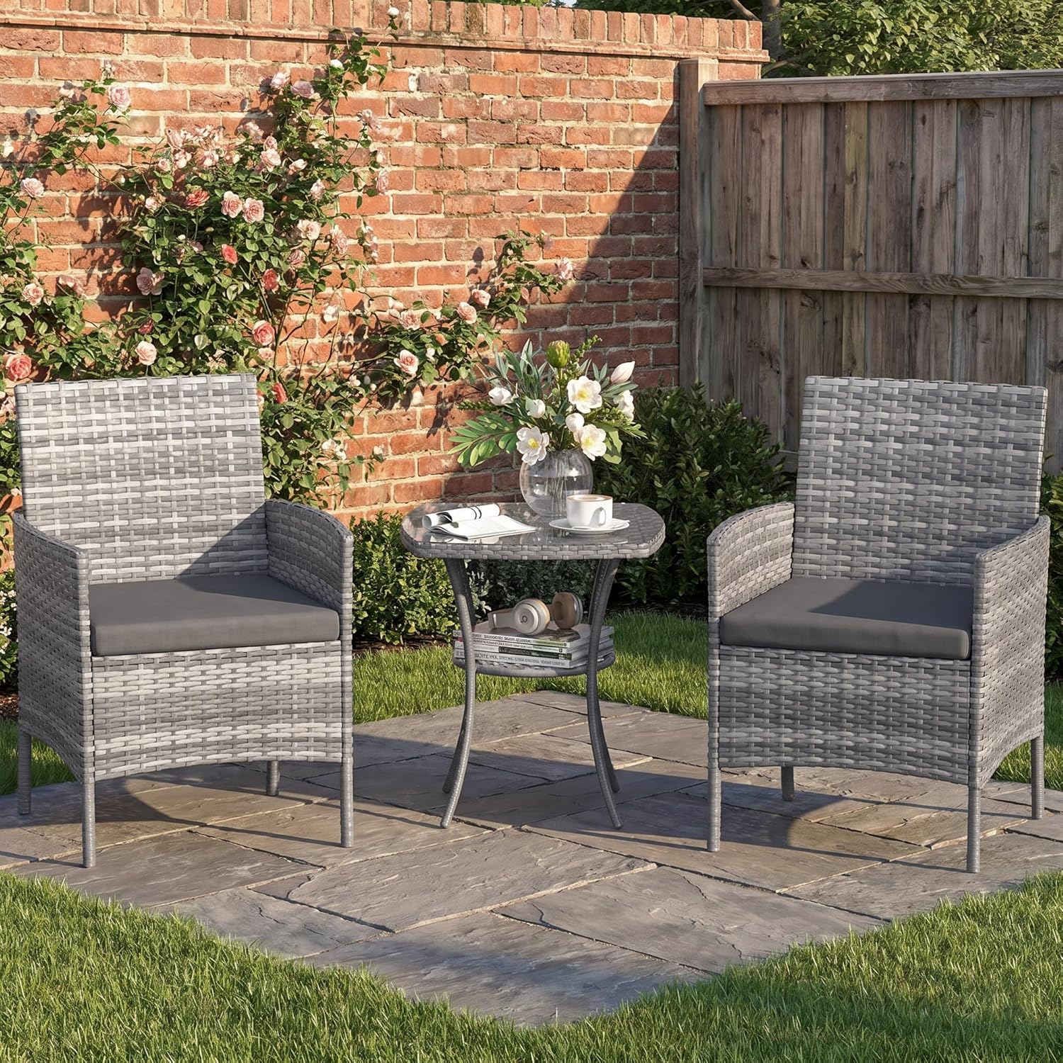 Amopatio 3 Pcs Rattan Garden Furniture Sets, Outdoor Bistro Set with Table and Chairs, Washable Cushions for Balcony, Patio, Backyard, Grey
