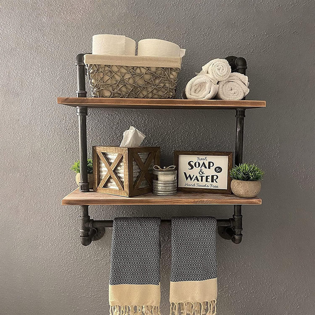 MBQQ Shelving Bathroom Pipe Shelves with Towel Bar Over Toilet, 24 inch Pine Wood Floating Shelves for Wall Mounted Bedroom,Kitchen, Farmhouse, Living Room
