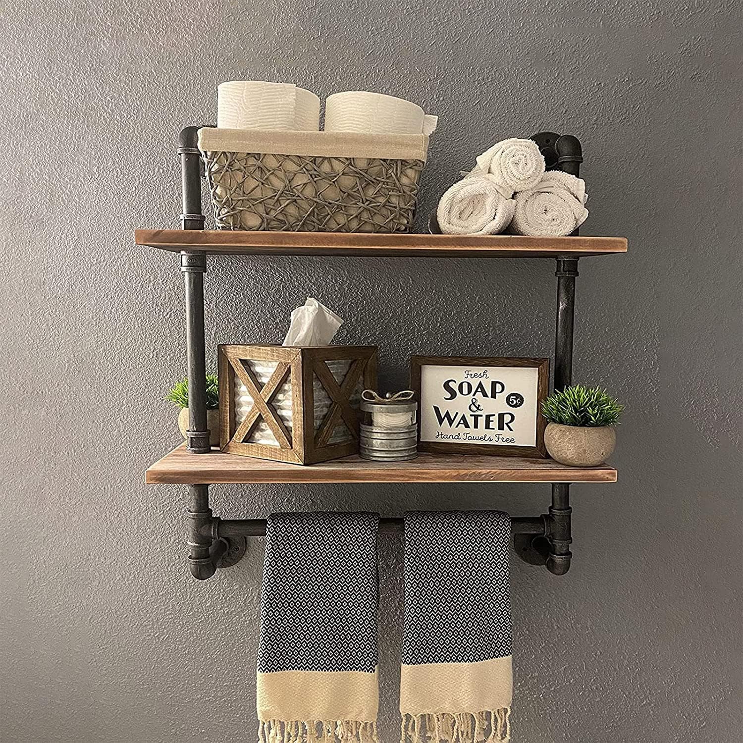 MBQQ Shelving Bathroom Pipe Shelves with Towel Bar Over Toilet, 24 inch Pine Wood Floating Shelves for Wall Mounted Bedroom,Kitchen, Farmhouse, Living Room