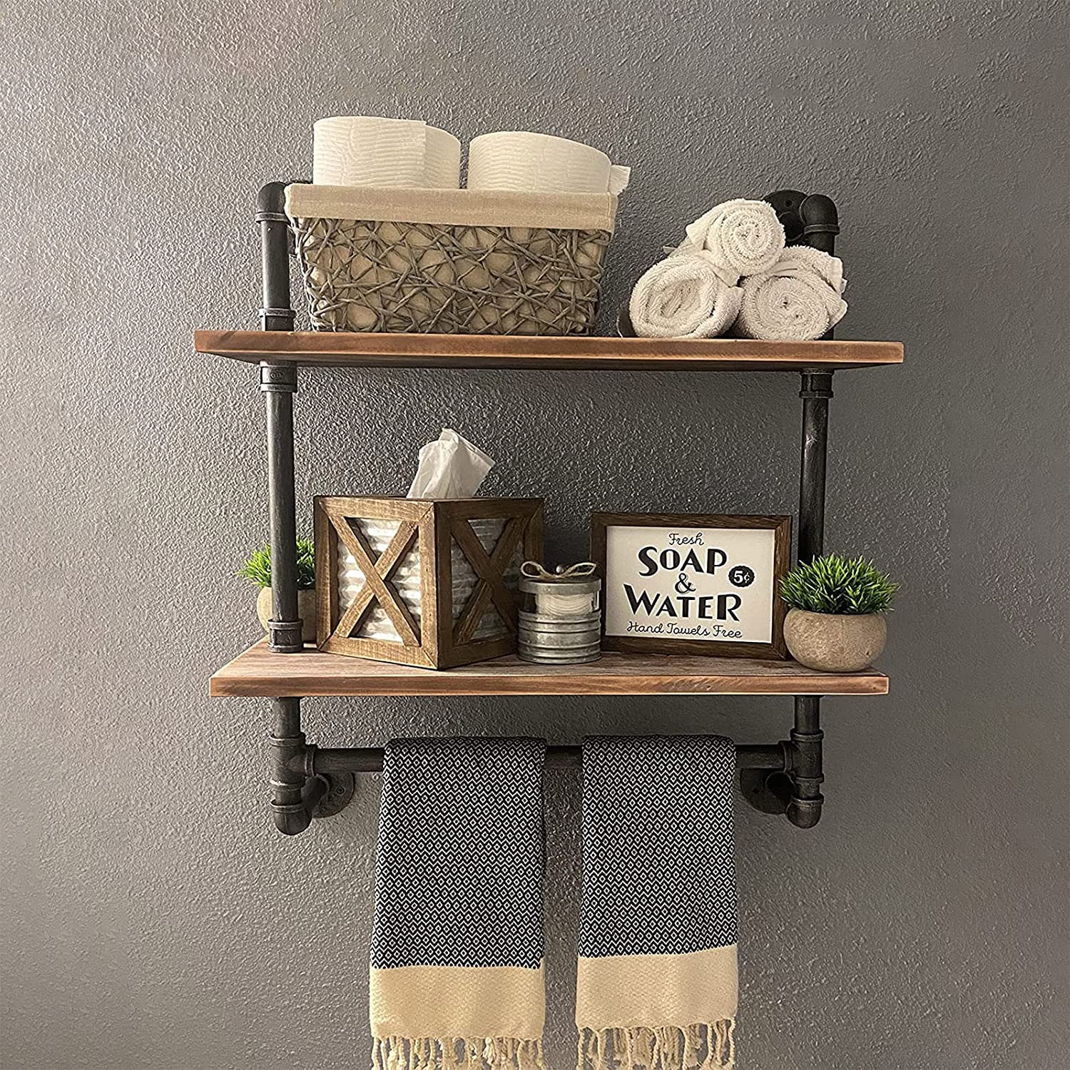 MBQQ Shelving Bathroom Pipe Shelves with Towel Bar Over Toilet, 24 inch Pine Wood Floating Shelves for Wall Mounted Bedroom,Kitchen, Farmhouse, Living Room