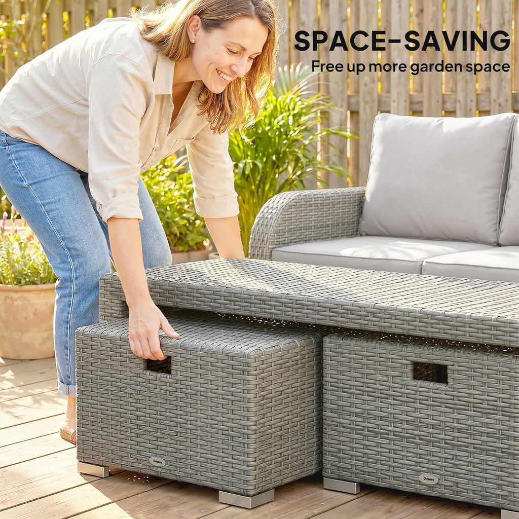 Outsunny 7 Seater Rattan Garden Furniture Set, 2 Reclining Chairs, 3 Seater Sofa, Coffee Table, Footstools, Space-Saving 6 Piece Outdoor Patio Furniture Conversation Set with Cushions, Light Grey