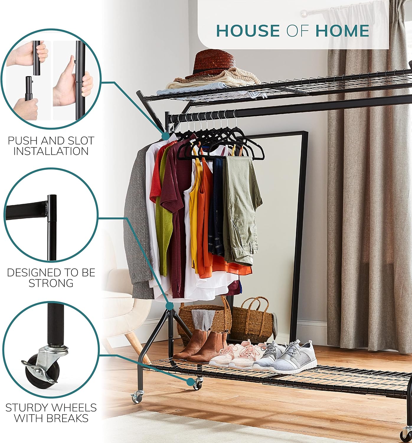House of Home Clothes Rail Heavy Duty with Wheels Metal Wardrobe Rails For Hanging Clothing & Double Rack Shelves Storage & Organiser for Shirts, Coats, Hat & Shoes 6ft x 5ft Portable Black