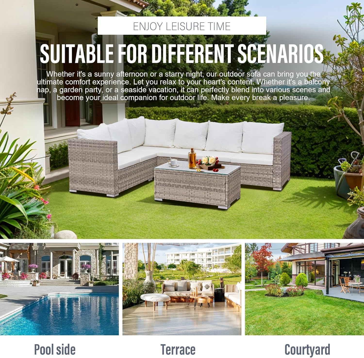 Aweather 6 Seater Rattan Corner Sofa Set Rattan Garden Furniture Set with Modern Glass Coffee Table and Washable Cushions (Cream)