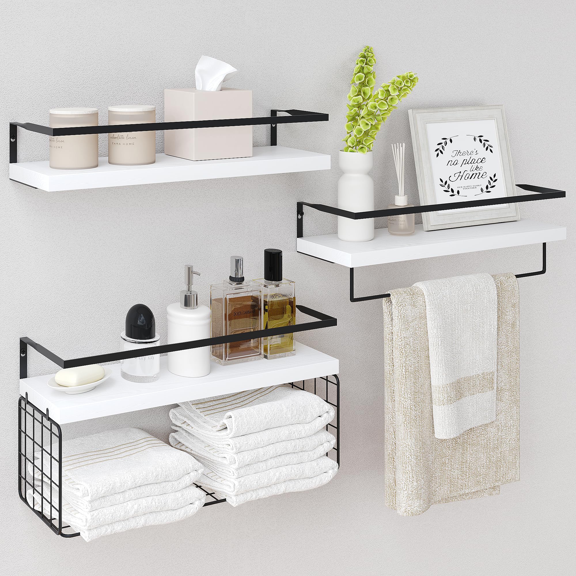 Wood Floating Shelves Wall Mounted - 4+1 Tier Rustic Bathroom Wall Shelves Over Toilet with Wire Storage Basket and Towel Bar, Set of 4 Farmhouse Floating Shelf for Bathroom, Kitchen, Bedroom.
