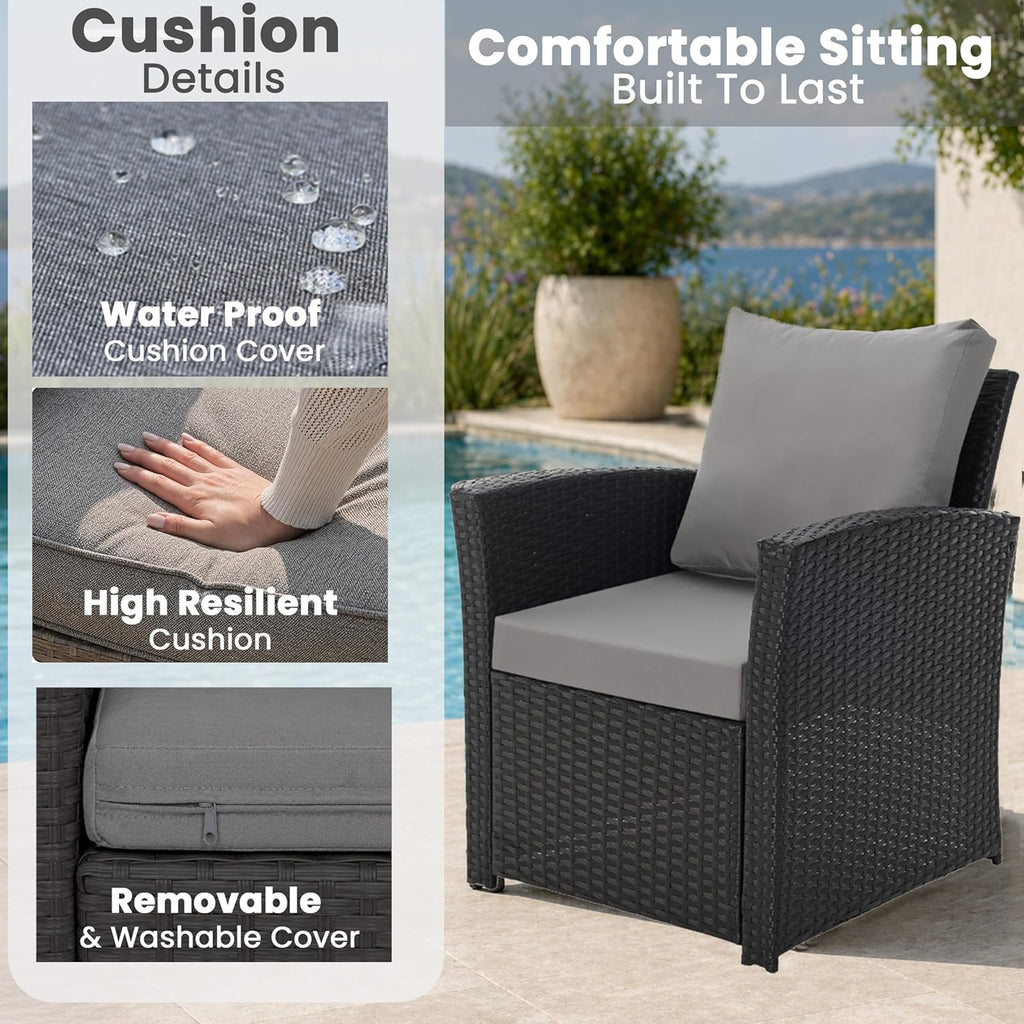 EVRE 4 Seater Rattan Garden Conservatory Patio Furniture Sofa Armchair Roma Set with Glass Top Coffee Table Wicker Weave Sofa and Cushions (Black)