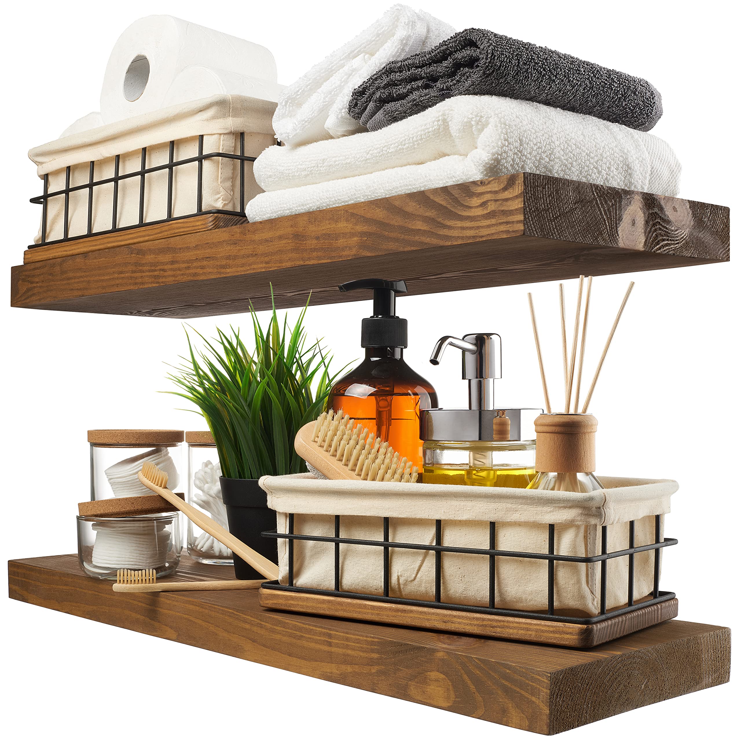 BAOBAB WORKSHOP Wood Floating Shelves for Wall Mounted, 16 inch Walnut Floating Shelf for Bathroom, Solid Wooden Wall Shelves for Kitchen Bedroom Farmhouse, Walnut Finish, 16 x 6.7, Set of 2