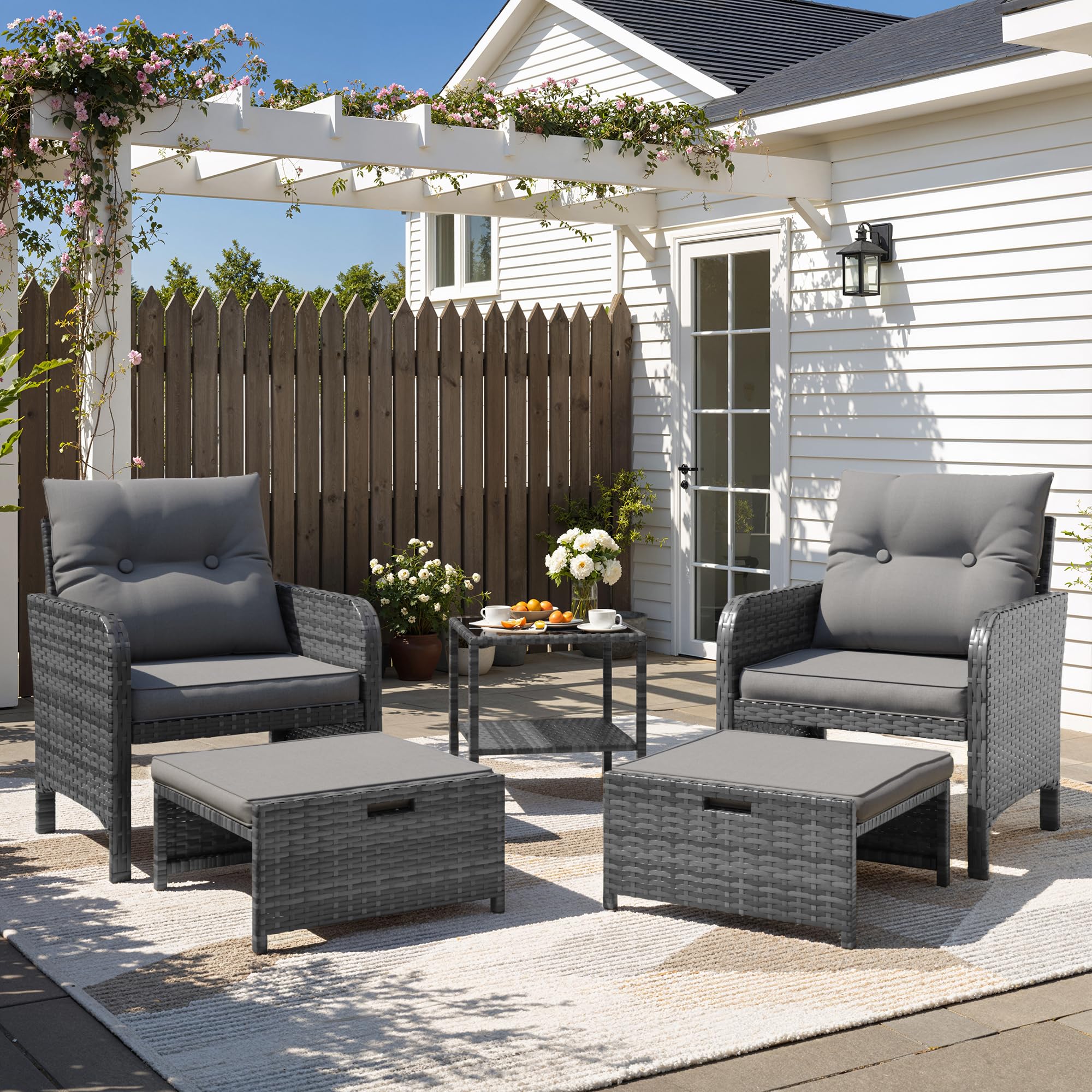 5-Piece Grey PE Rattan Patio Set with Ottomans, Coffee Table & Thick Cushions for Garden Balcony