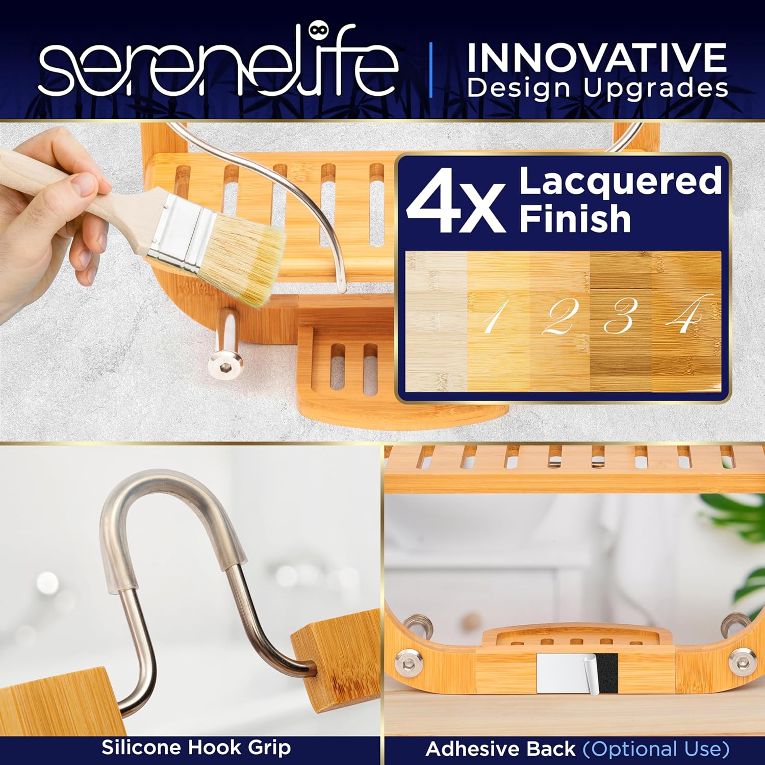 SereneLife Bamboo Hanging Shower Caddy with 3 Tiers, Anti-Slip Design, Bathroom Storage Organizer for Shampoo, Soaps, and Essentials - Space-Saving and Easy to Clean