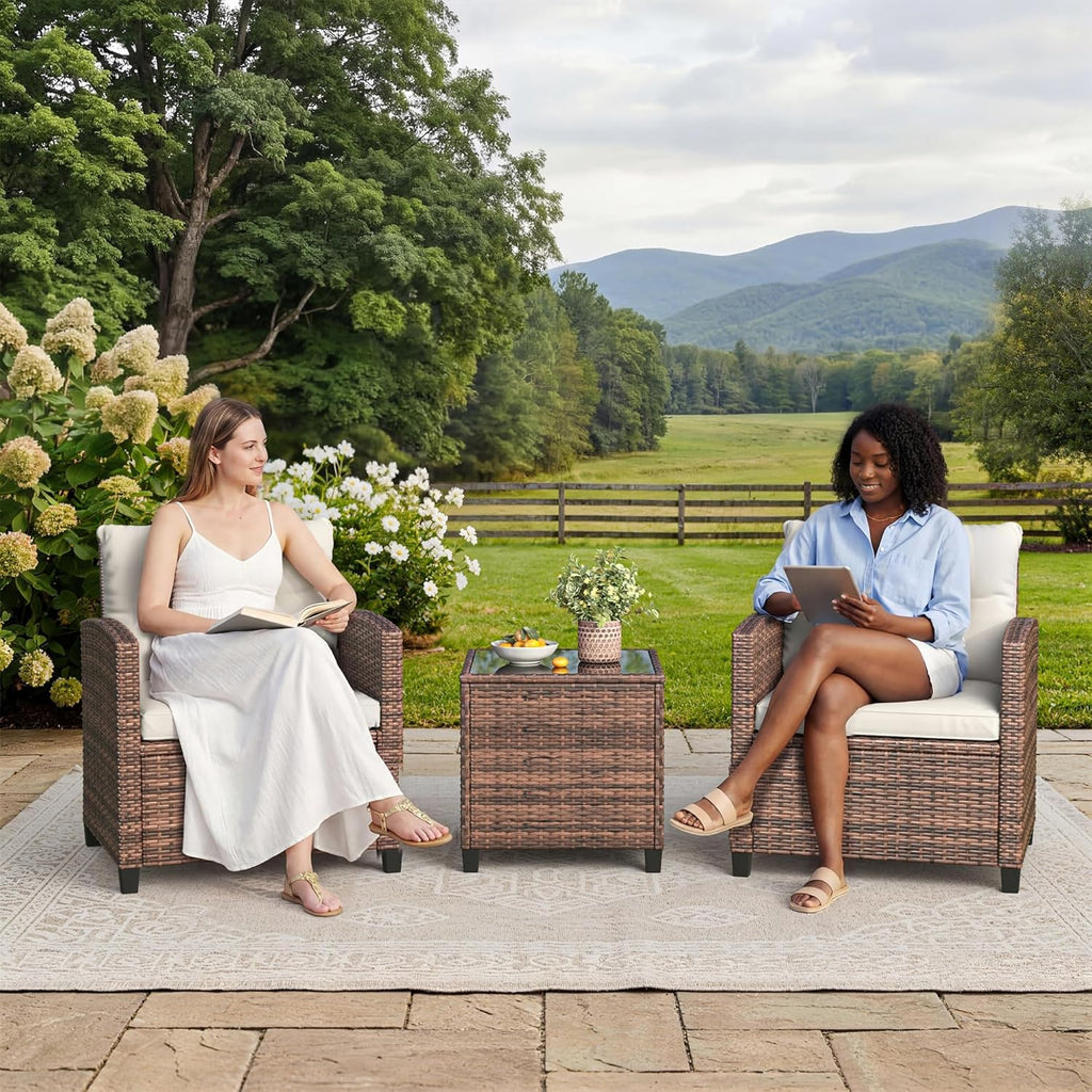 Garvee 3 Pieces Rattan Bistro Set, Wicker Garden Furniture Set with Coffee Table and 2 Chairs, Washable Cushions, Water Resistant, Outdoor Table & Chair Set for Outdoor Backyard, Patio, Balcony, Brown