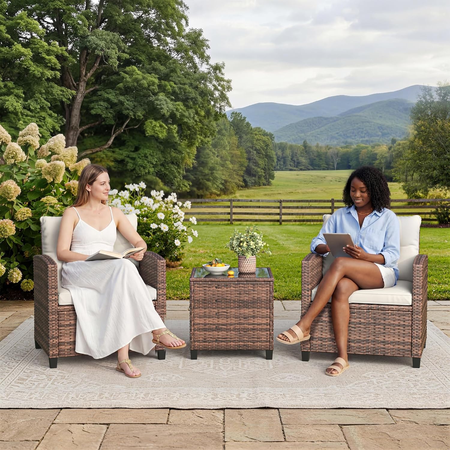 Garvee 3 Pieces Rattan Bistro Set, Wicker Garden Furniture Set with Coffee Table and 2 Chairs, Washable Cushions, Water Resistant, Outdoor Table & Chair Set for Outdoor Backyard, Patio, Balcony, Brown