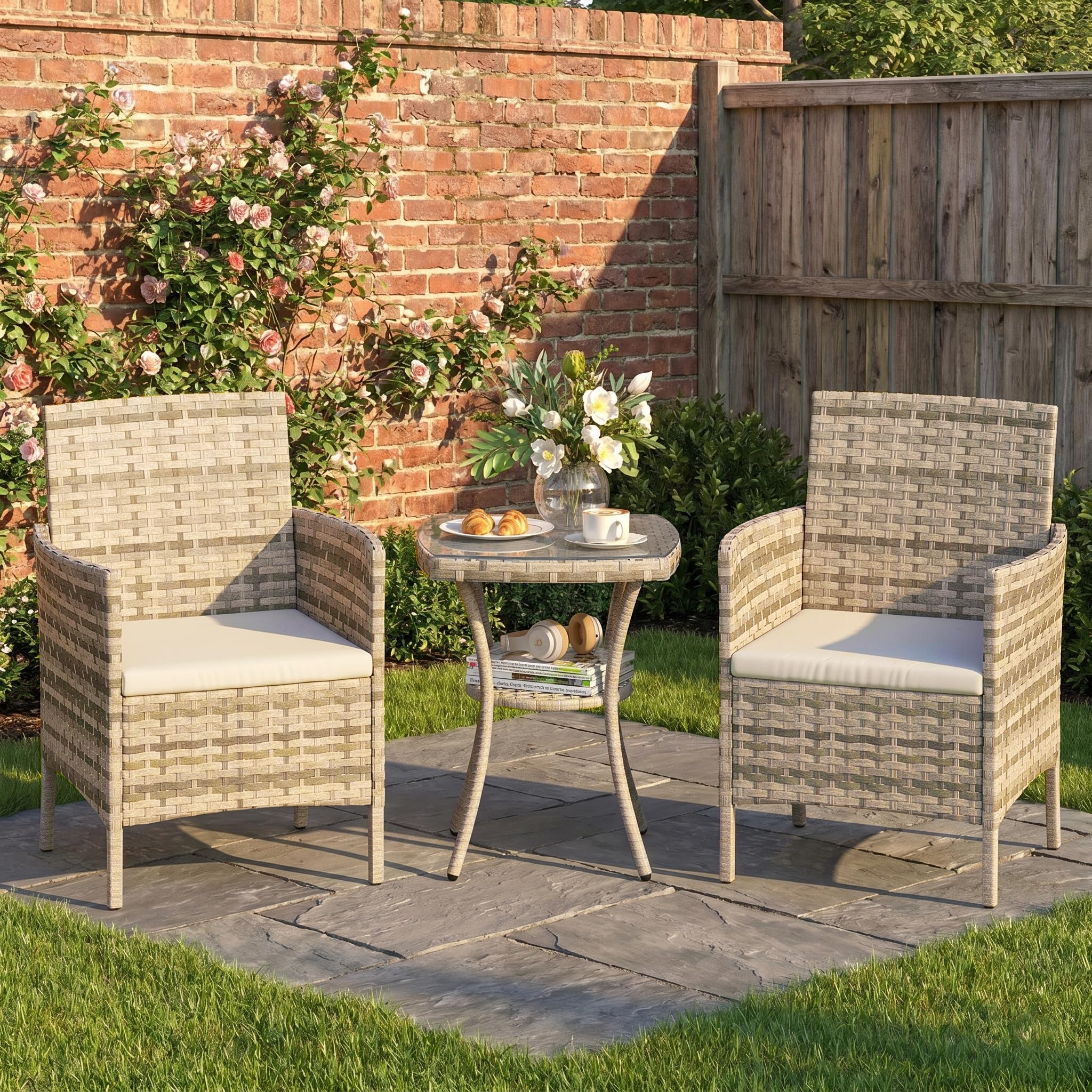 Amopatio 3 Pcs Rattan Garden Furniture Sets, Outdoor Bistro Set with Table and Chairs, Washable Cushions for Balcony, Patio, Backyard, Grey