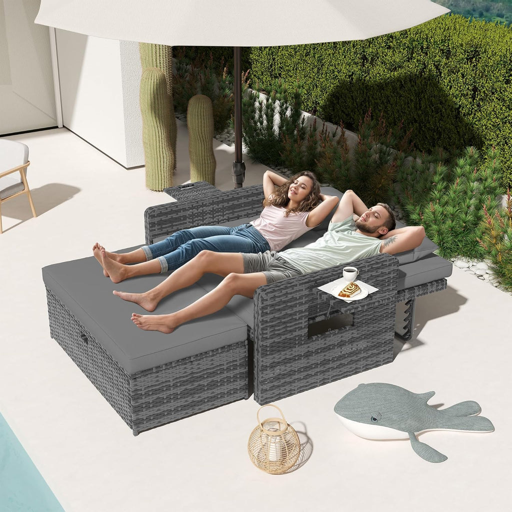 Amopatio Rattan Daybed Garden Furniture Set, Outdoor Loveseat Sofa with Storage Ottoman, Sunbed Sofa Set with Cushions/Adjustable Backrest/Retractable Trays for Balcony, Patio, Grey