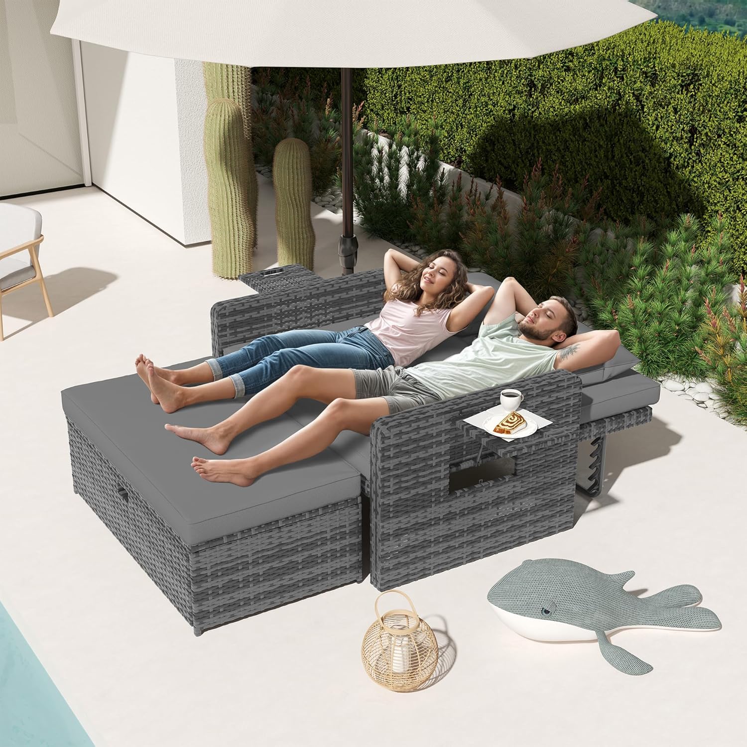 Amopatio Rattan Daybed Garden Furniture Set, Outdoor Loveseat Sofa with Storage Ottoman, Sunbed Sofa Set with Cushions/Adjustable Backrest/Retractable Trays for Balcony, Patio, Grey