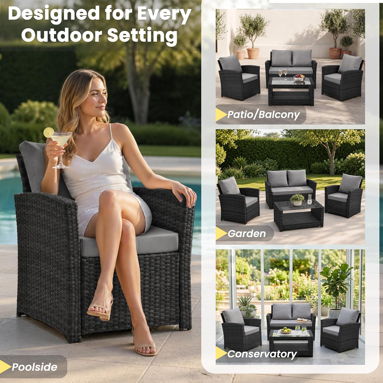 EVRE 4 Seater Rattan Garden Conservatory Patio Furniture Sofa Armchair Roma Set with Glass Top Coffee Table Wicker Weave Sofa and Cushions (Black)