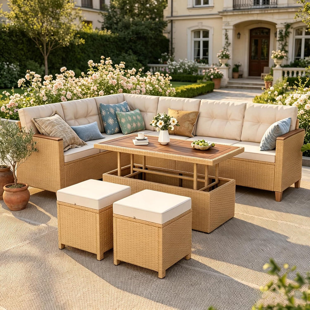PHI VILLA 8 Seater Rattan Garden Furniture Sets, L Shaped Modular Outdoor Corner Sofa Set All Weather for Patio with Rising Table and 2 Ottomans, Beige