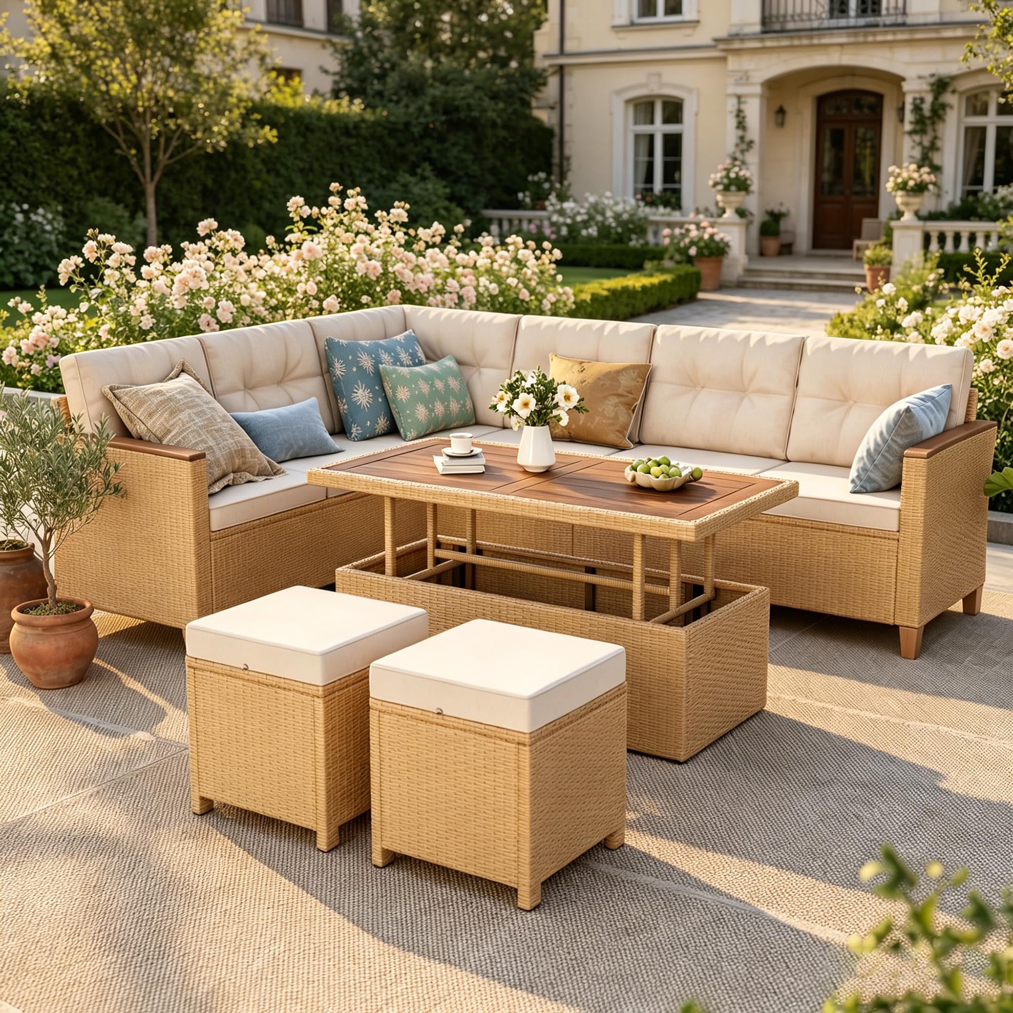PHI VILLA 8 Seater Rattan Garden Furniture Sets, L Shaped Modular Outdoor Corner Sofa Set All Weather for Patio with Rising Table and 2 Ottomans, Beige
