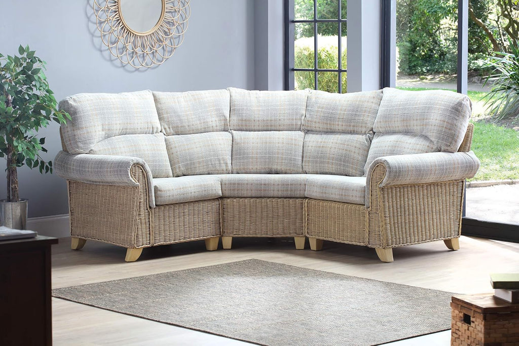 Desser Clifton Conservatory Corner Sofa 3pc Modular with Curved Back – Luxury Real Cane Rattan Indoor Conservatory Furniture UK Manufactured Cushions Athena Check Fabric – H92cm x W208cm x D208cm