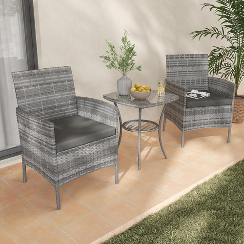 Amopatio 3 Pcs Rattan Garden Furniture Sets, Outdoor Bistro Set with Table and Chairs, Washable Cushions for Balcony, Patio, Backyard, Grey