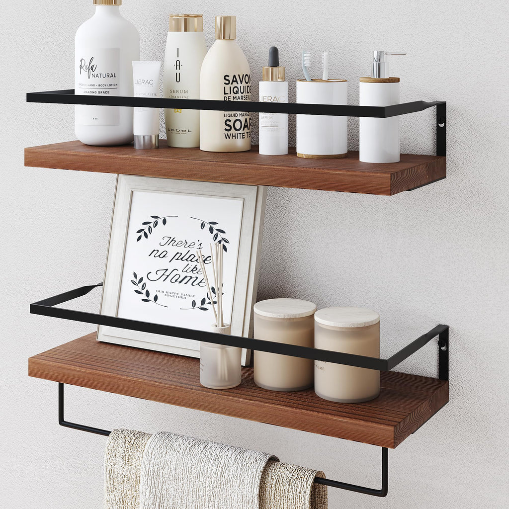 Wood Floating Shelves Wall Mounted - 4+1 Tier Rustic Bathroom Wall Shelves Over Toilet with Wire Storage Basket and Towel Bar, Set of 4 Farmhouse Floating Shelf for Bathroom, Kitchen, Bedroom.
