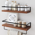 Wood Floating Shelves Wall Mounted - 4+1 Tier Rustic Bathroom Wall Shelves Over Toilet with Wire Storage Basket and Towel Bar, Set of 4 Farmhouse Floating Shelf for Bathroom, Kitchen, Bedroom.