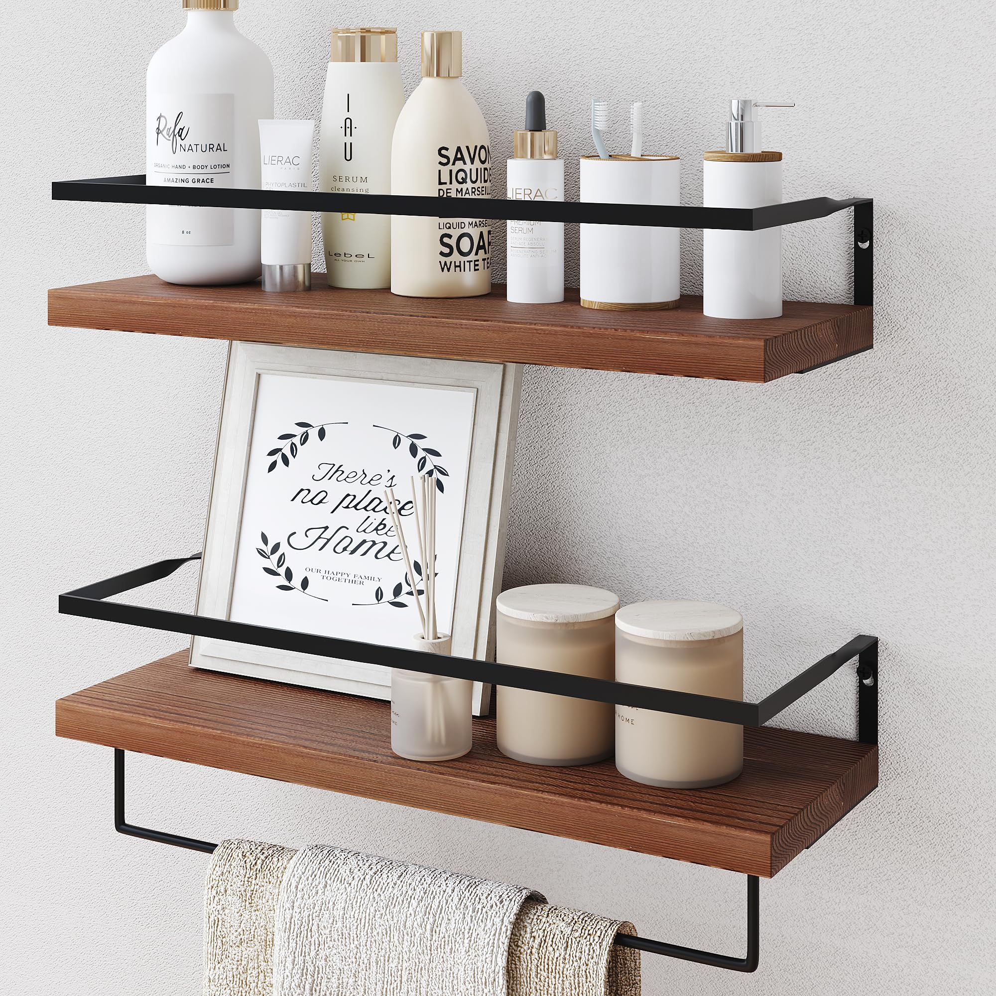 Wood Floating Shelves Wall Mounted - 4+1 Tier Rustic Bathroom Wall Shelves Over Toilet with Wire Storage Basket and Towel Bar, Set of 4 Farmhouse Floating Shelf for Bathroom, Kitchen, Bedroom.