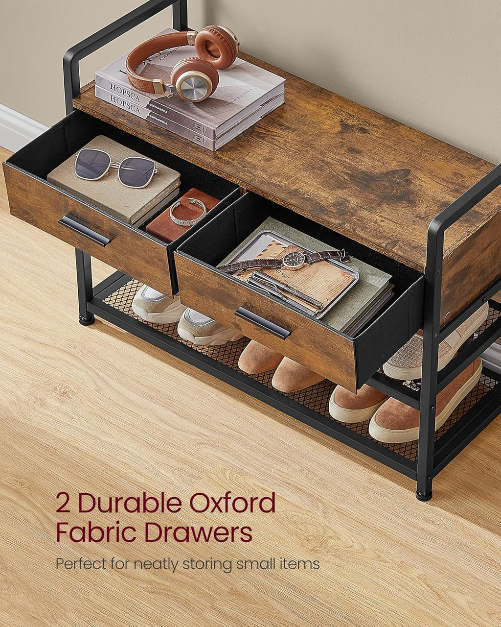 VASAGLE Hall Tree with Bench and Shoe Storage, Hallway Coat Rack with Shoe Bench, 2 Fabric Drawers, 10 Hooks, 30 x 80.4 x 181.6 cm, Vintage Brown and Ink Black HSR429B01